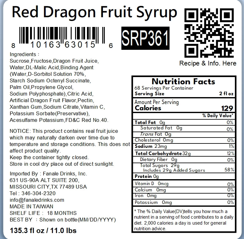 Red Dragon Fruit Syrup (11 lb/bt, 4 Bottles / Case)