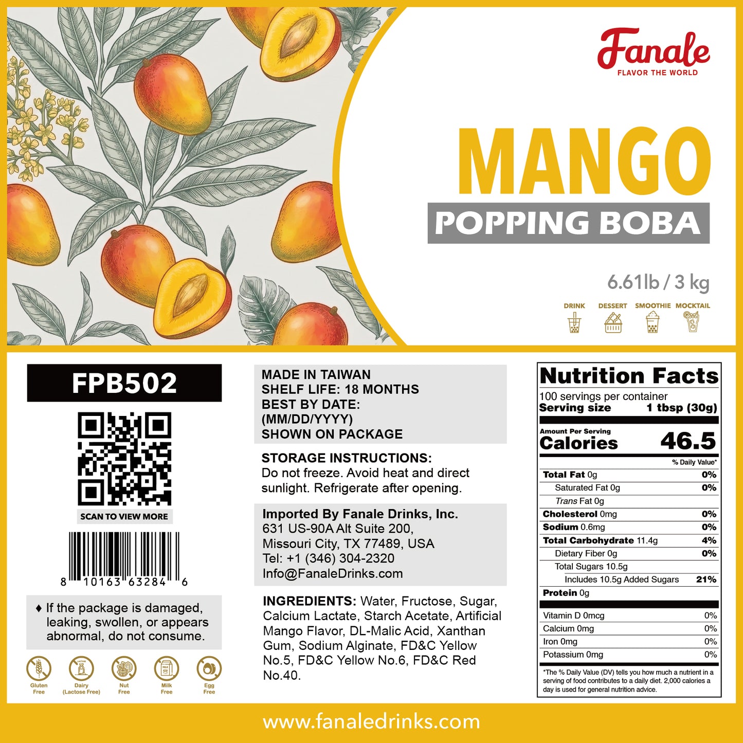 Popping Bursting Boba Juice Ball - Mango (6.6 lb/bag, 6 bags/case)